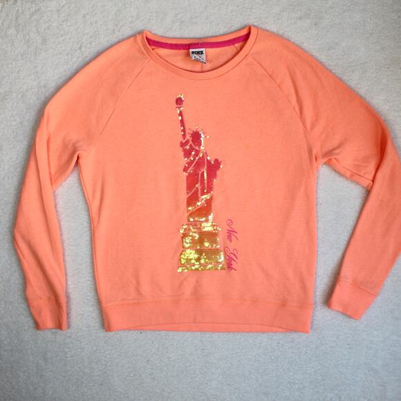 Victorias Secret PINK Sweatshirt Medium Orange Sequin NY Statue of Liberty Y2K - Picture 1 of 6